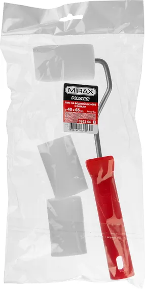 MIRAX ПОРОЛОН, 40 х 65 мм, бюгель 6 мм, 3 шубки + ручка, для водорастворимых ЛКМ, малярный валик в наборе (0363-06)
