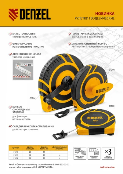 Рулетка геодезическая 20 м х 15 мм, закрытый корпус, фиберглассовая лента Denzel