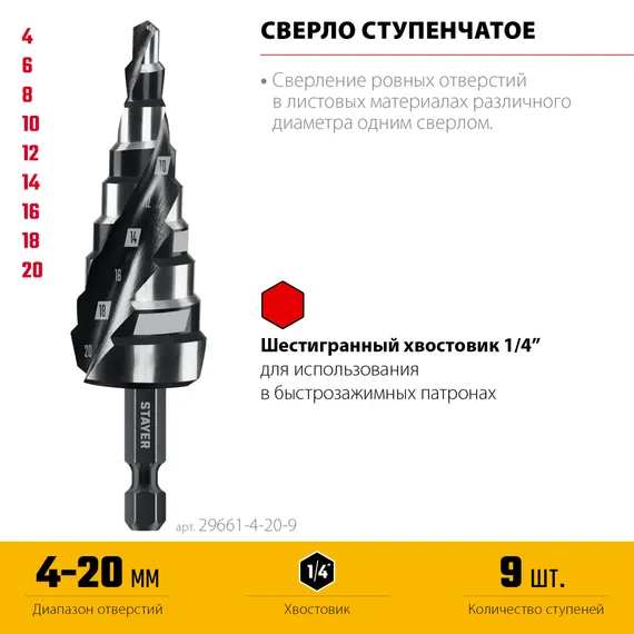 STAYER Pro-Max 4-20мм, 9 ступеней, винтовая спираль, сверло ступенчатое (29661-4-20-9)