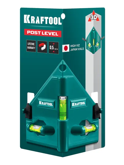 KRAFTOOL POST-LEVEL, 3 глазка, магнитный угловой уровень (34788)