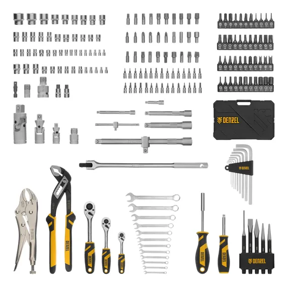 Набор инструментов, 1/2", 3/8", 1/4", CrV, S2, пластиковый кейс, 232 предмета Denzel