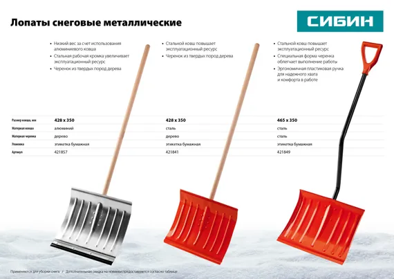 СИБИН ЛС-430, снеговая лопата, деревянный черенок, стальной ковш 430мм (421841)