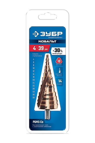 ЗУБР КОБАЛЬТ 4-39мм, 14 ступеней, винтовая проточка, сверло ступенчатое, серия Профессионал(29674-4-39-14)