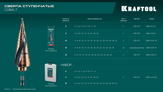 KRAFTOOL COBALT 6-30мм, 13 ступеней, азотирование, винтовая спираль, сверло ступенчатое(29691-6-30-13)