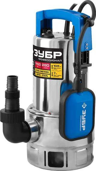 Дренажный насос для грязной воды, корпус - нерж. сталь, ЗУБР 1100 Вт, Профессионал (НПГ-Т3-1100-С)