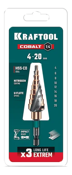 KRAFTOOL COBALT 4-20мм, 9 ступеней, азотирование, винтовая спираль, сверло ступенчатое(29691-4-20-9)