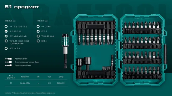 KRAFTOOL Impact-51, 51 шт, набор ударных бит (26066-H51)
