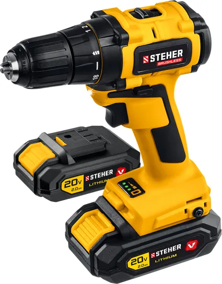 Бесщеточная дрель-шуруповерт, STEHER V1, 20 В, 45 Н·м, 2 АКБ (2 А·ч), кейс (CDB-200-2)