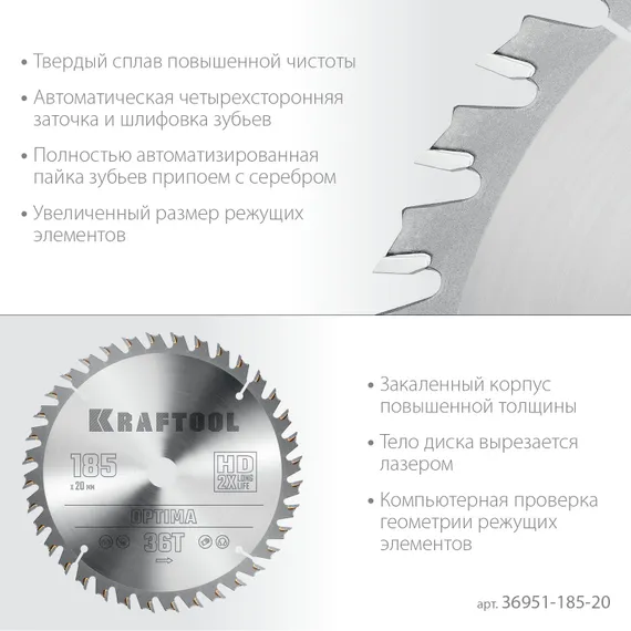 KRAFTOOL Optima, 185 х 20 мм, 36Т, пильный диск по дереву (36951-185-20)