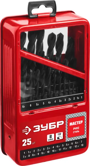 ЗУБР 25 шт, (1-13 мм), сталь Р4М2, класс В, мет.бокс, набор сверл по металлу (29605-H25)