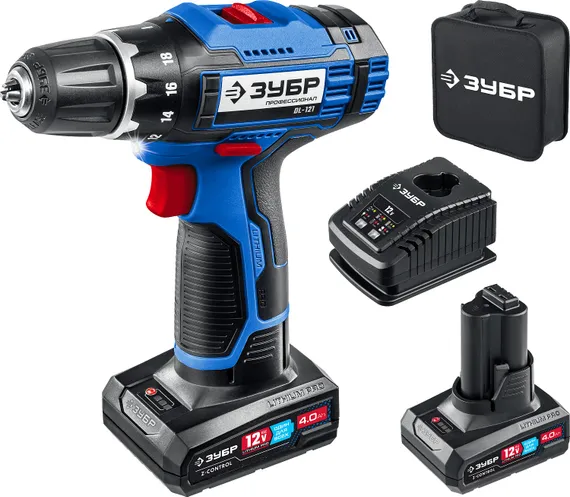 Дрель-шуруповерт, ЗУБР 12 В, 40 Н·м, 2 АКБ тип Т7 (4 А·ч), сумка, Профессионал (DL-121-42)