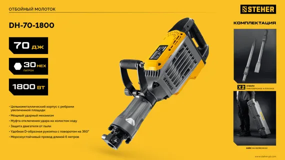 Отбойный молоток STEHER Бетонолом 70 Дж 1800 Вт HEX-30 (DH-70-1800)