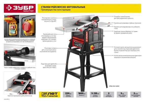 Станок фуговально-рейсмусовый ЗУБР 204 мм 1500 Вт (СРФ-204-1500)