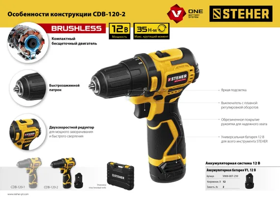 Бесщеточная дрель-шуруповерт, STEHER 12 В, 35 Н·м, 2 АКБ (2 А·ч), кейс (CDB-120-2)