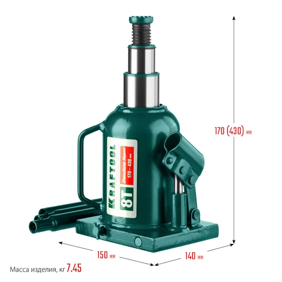 KRAFTOOL DOUBLE RAM, 8 т, 170 - 430 мм, с увеличенным подъемом, двухштоковый бутылочный домкрат (43463-8)