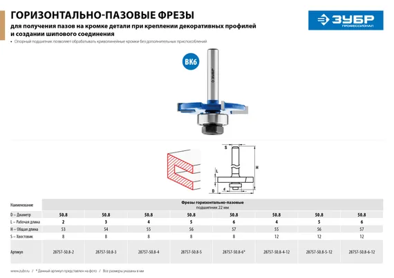 ЗУБР 50.8 x 2 мм, хвостовик 8 мм, фреза горизонтально-пазовая, Профессионал (28757-50.8-2)