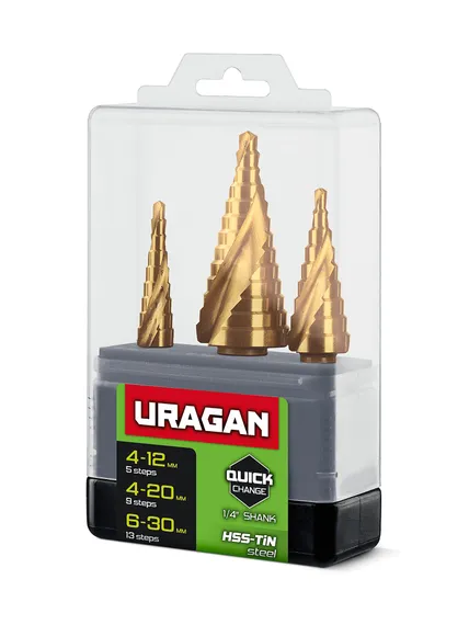 URAGAN 3 шт, 4-30мм, винтовая спираль, набор сверл ступенчатых(29658-4-30-H3)