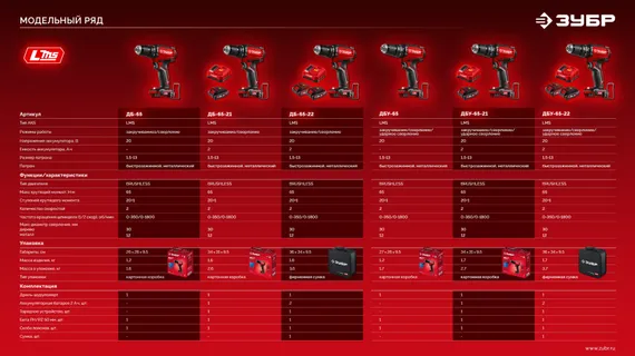 Бесщеточная ударная дрель-шуруповерт, ЗУБР 20 В, 65 Н·м, 2 АКБ LMS (2 А·ч), сумка (ДБУ-65-22)