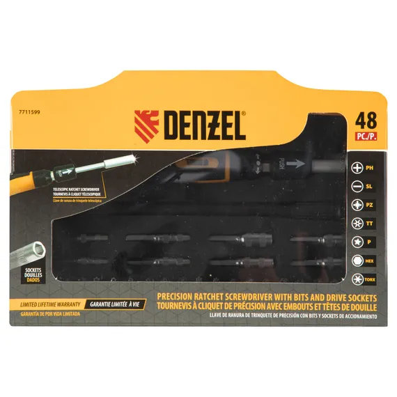 Отвертка с набором бит и торцевых головок для точных работ, гибкий привод, 48 шт, CrMo Denzel