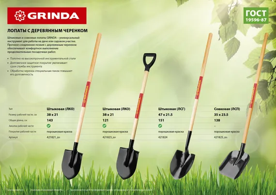 GRINDA 285 х 205 х 1400 мм, полотно 1.6 мм, закалено, деревянный черенок высш. сорт, штыковая лопата (421821)