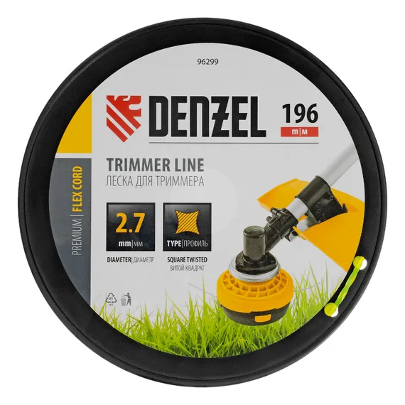 Леска для триммера витой квадрат, 2,7мм х 196м, на DIN катушке FLEX CORD Denzel
