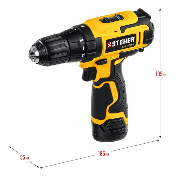 Дрель-шуруповерт STEHER, 12 В, 30 Н·м, 1 АКБ (2 А·ч), , кейс (CD-120-1)