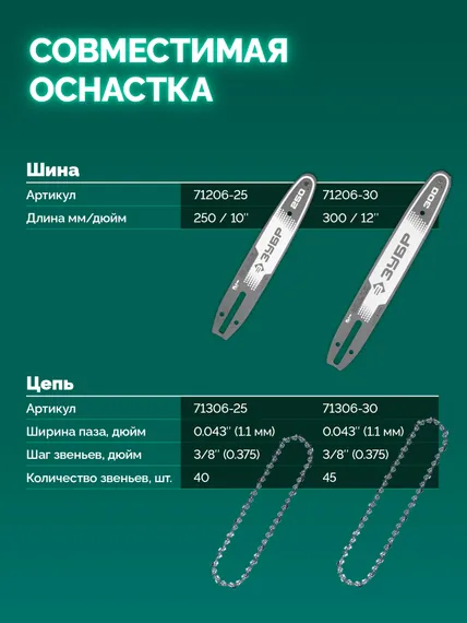 Пила цепная аккумуляторная садовая ЗУБР 40 В, (2x20В), 300 мм шина, без АКБ (LMS), (ПЦБ-4030)
