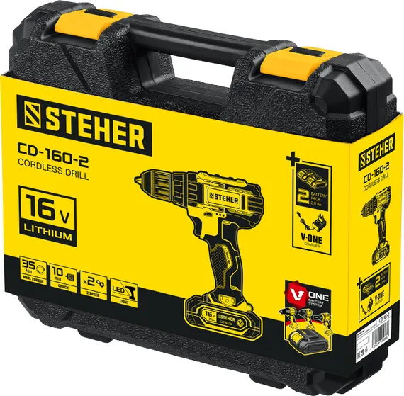 Дрель-шуруповерт, STEHER 16 В, 35 Н·м, 2 АКБ (2 А·ч), кейс (CD-160-2)
