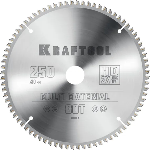 KRAFTOOL Multi Material, 250 х 30 мм, 80Т, пильный диск по алюминию (36953-250-30)