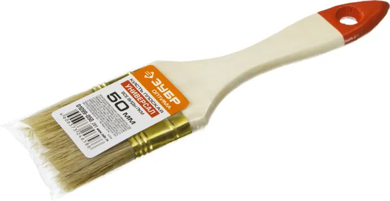 ЗУБР УНИВЕРСАЛ, 50 мм, 2″, светлая натуральная щетина, деревянная ручка, плоская кисть (01099-050)