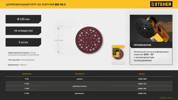 STEHER BOS-125-S 125 мм, Р120, шлифовальный круг на липучке, 44 отв., 5 шт. (35685-120)