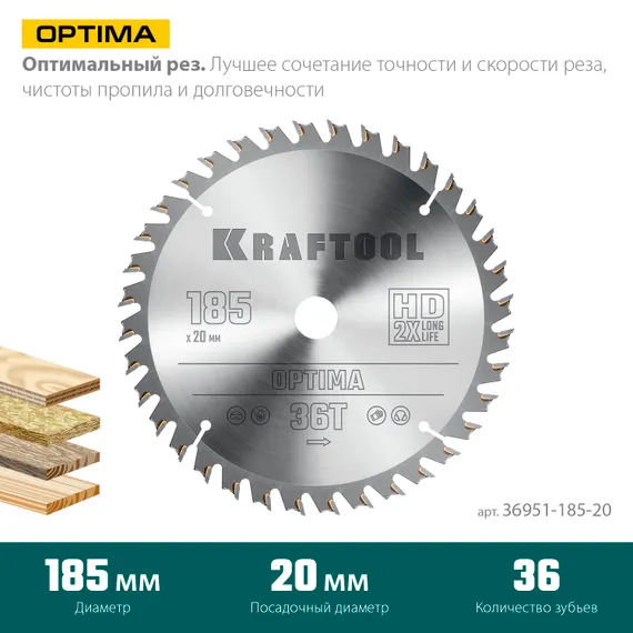 KRAFTOOL Optima, 185 х 20 мм, 36Т, пильный диск по дереву (36951-185-20)