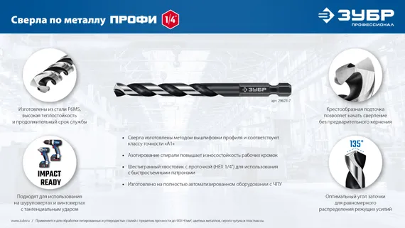 ЗУБР НЕХ-1/4″, d 8.0 х 117 мм, сверло по металлу для винтовёртов и шуруповертов IMPACT READY (29623-8)