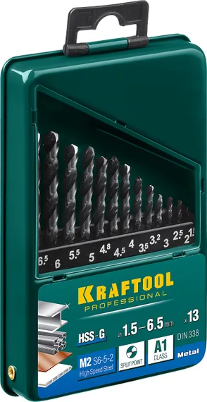 KRAFTOOL HSS-G, 13 шт, (1.5-6.5 мм), сталь P6M5, набор сверл по металлу (29651-H13)