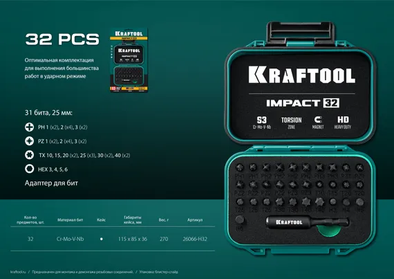KRAFTOOL Impact-32, 32 шт, набор ударных бит (26066-H32)