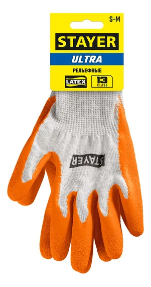 STAYER ULTRA, S-M, х/б перчатки с рельефным латексным покрытием, противоскользящие (11403-S)