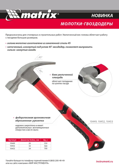 Молоток-гвоздодер, 560 г, боек 32 мм, фибергласовая обрезиненная рукоятка Matrix