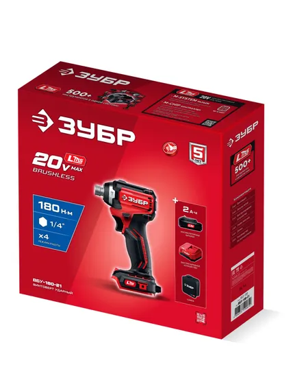 Бесщеточный ударный винтоверт, ЗУБР 20 В, 180 Н·м, 1 АКБ LMS (2 А·ч), сумка (ВБУ-180-21)