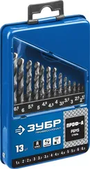 ЗУБР ПРОФ-А, 13 шт, (1.5-6.5 мм), сталь Р6М5, класс А, мет.бокс, набор сверл по металлу, Профессионал (29625-H13)