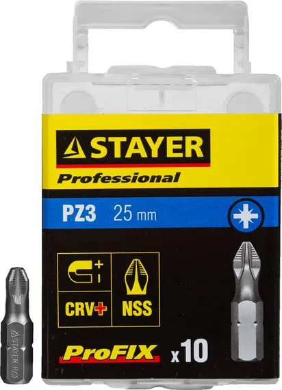 Биты STAYER ″PROFESSIONAL″ ProFix Pozidriv, тип хвостовика C 1/4″, № 3, L=25мм, 10шт