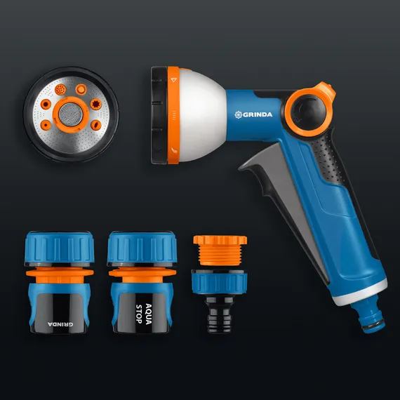 GRINDA Х-834, пистолет поливочный X-8, коннектор 3/4, конектор 3/4 с автостопом, адаптер с внутр. резьбой 1/2 х 3/4,набор поливочный PROLine (429167)