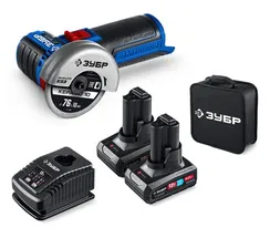 Аккумуляторная бесщеточная УШМ, ЗУБР 12 В, D76 мм, 2 АКБ тип Т7 (4 А·ч), сумка, Профессионал (AB-76-42)