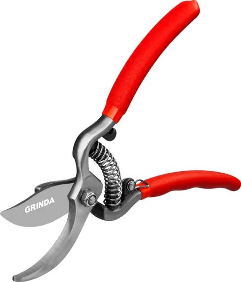 GRINDA G-1, 150 мм, цельнокованые лезвия, стальные рукоятки, покрытие ПВХ, плоскостной мини-секатор (423101)