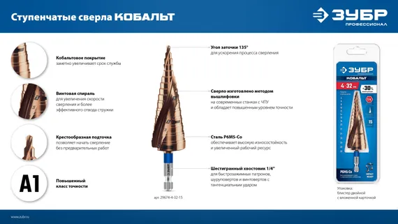 ЗУБР КОБАЛЬТ 4-32мм, 15 ступеней, винтовая проточка, сверло ступенчатое, ПРОФЕССИОНАЛ (29674-4-32-15)