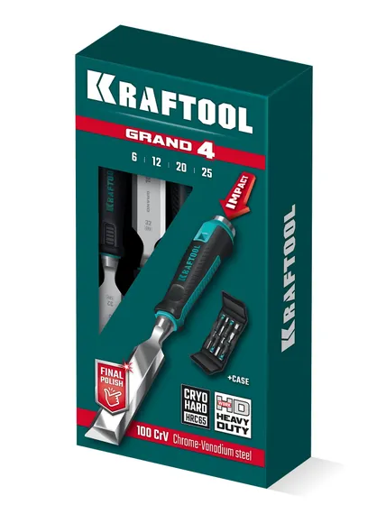 KRAFTOOL GRAND-4 набор стамесок-долот с двухкомпонентной рукояткой, 4 шт