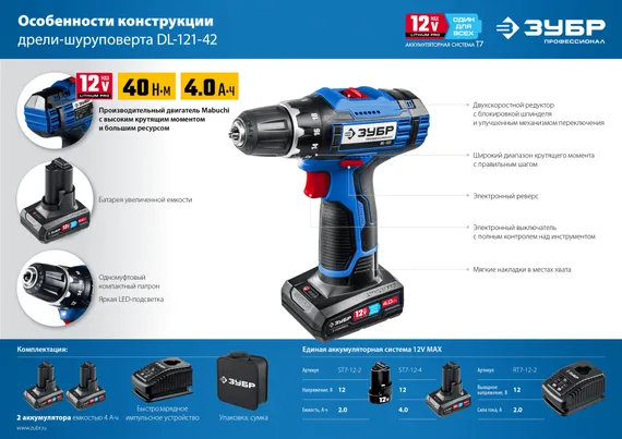 Дрель-шуруповерт, ЗУБР 12 В, 40 Н·м, 2 АКБ тип Т7 (4 А·ч), сумка, Профессионал (DL-121-42)