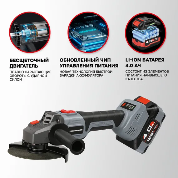 Аккумуляторная бесщёточная угловая шлифмашина PROFIPOWER MK DGA-20V E0080