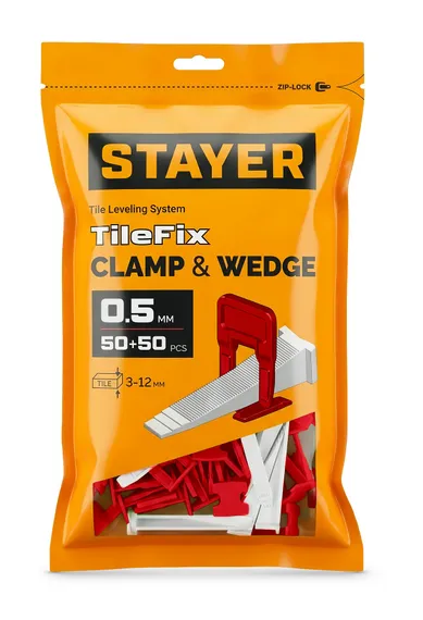STAYER СВП TileFix, комплект: 0,5 мм, зажим + клин, 50 + 50 шт, система выравнивания плитки ″ворота″ (33840-H50)