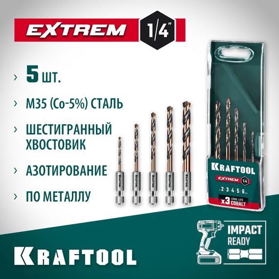 KRAFTOOL НЕХ-1/4″, 5 шт, набор сверл по металлу для винтовёртов и шуруповертов IMPACT READY (29652-H5)