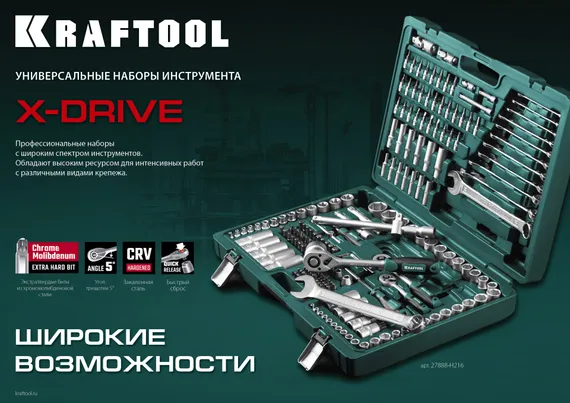 KRAFTOOL X-Drive 82, 82 предм., (1/2″+1/4″), универсальный набор инструмента (27887-H82)